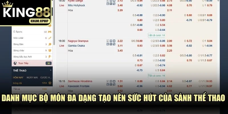 Danh mục bộ môn đa dạng tạo nên sức hút của sảnh thể thao KING88