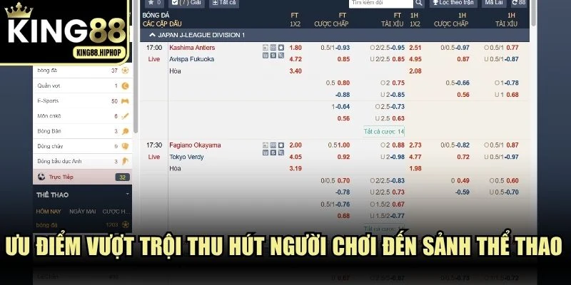 Ưu điểm vượt trội thu hút người chơi đến sảnh thể thao tại KING88